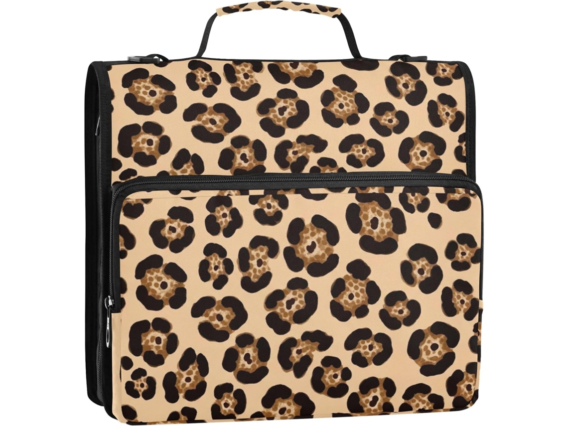 Pasta Organizadora De 3 Argolas Com Zíper E Estampa Leopardo Bege, 3,8cm 1,5 Polegadas, Ideal O Ensino