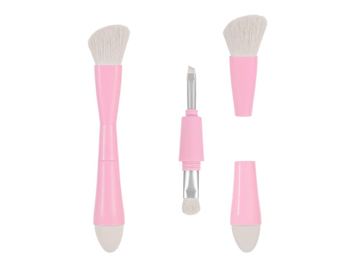 Pincel de Maquiagem de Viagem 4 em 1 com Esponja, Sombra de Olhos, Sobrancelha e Linha Rosa Shn