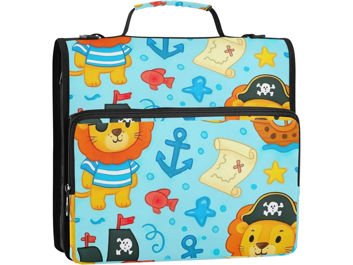 Pasta Organizadora De 3 Argolas 1, 5 Polegadas Com Um Adorável Leão Pirata Azul De Desenho Animado E Fecho Em D, Com