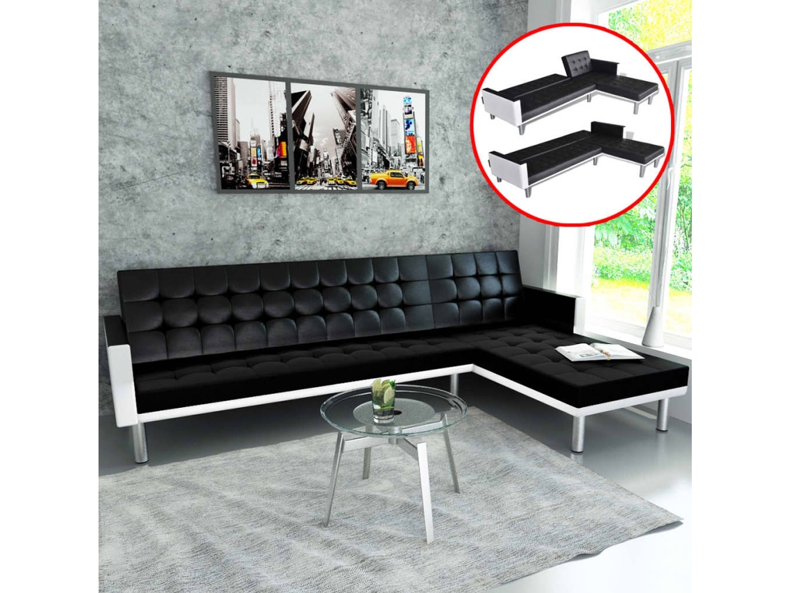 Vidaxl Sofá-cama Em Forma De L, Couro Artificial, Preto