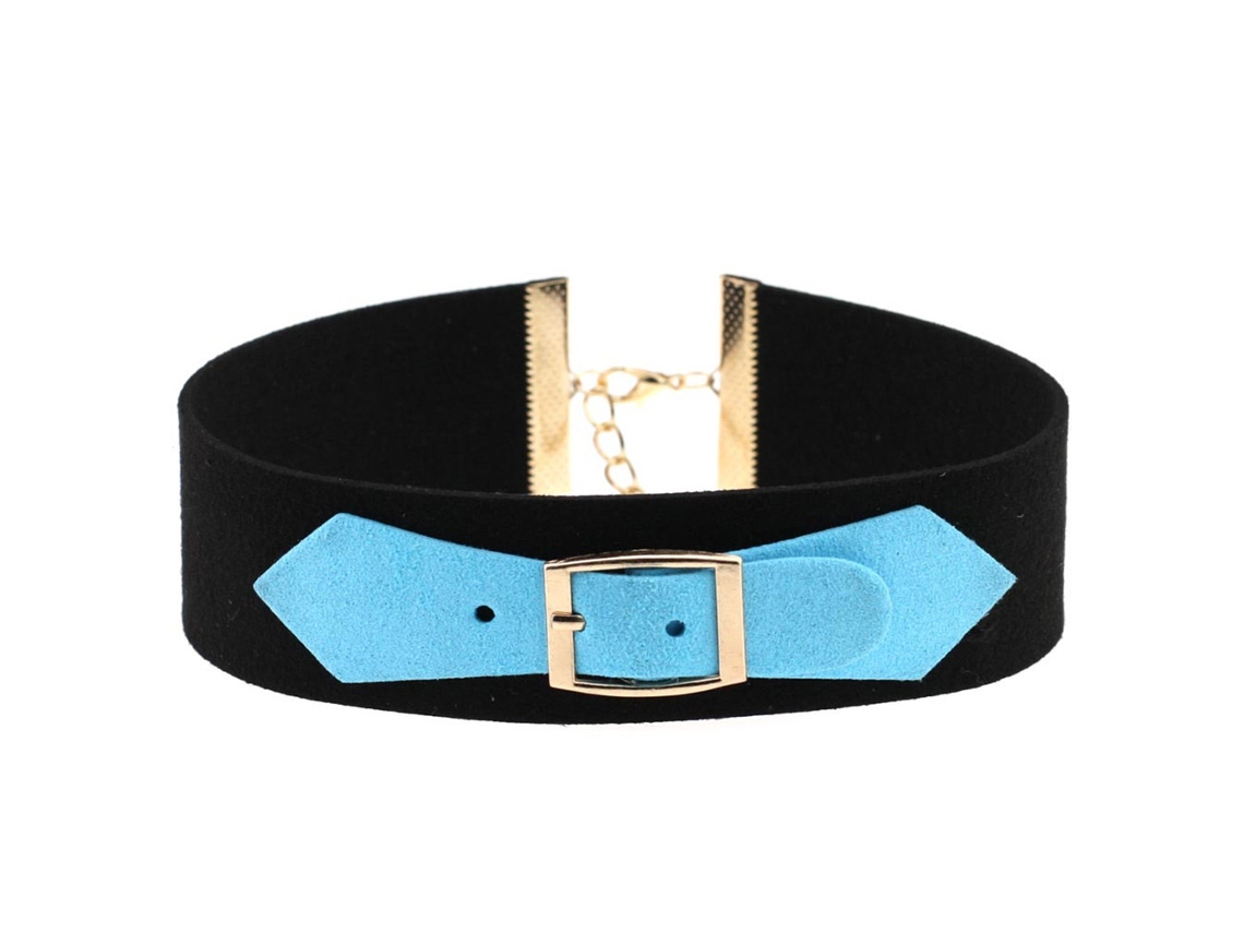 Colar Feminino Estilo Ocidental Com Botões Dourados E Gola De Veludo Azul Claro