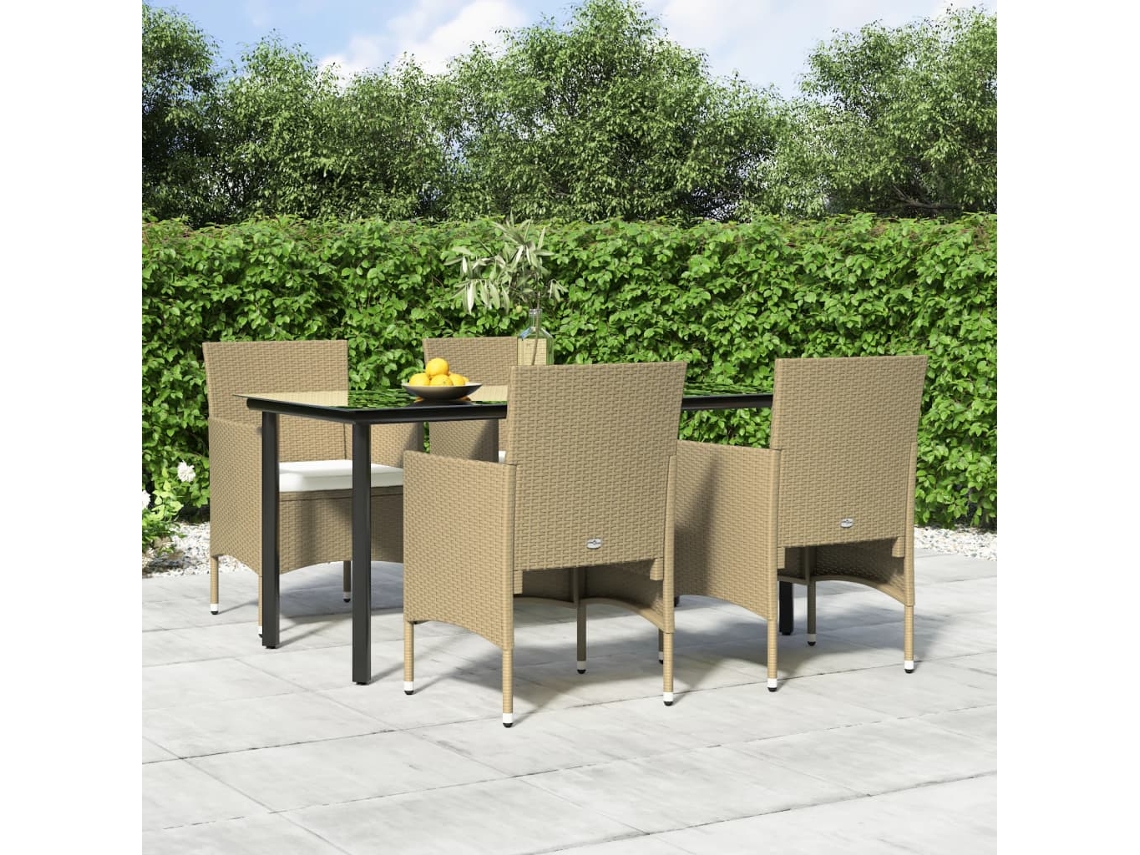 Vidaxl 5 Pcs Conjunto De Jantar P/ Jardim C/ Almofadões Bege E Preto