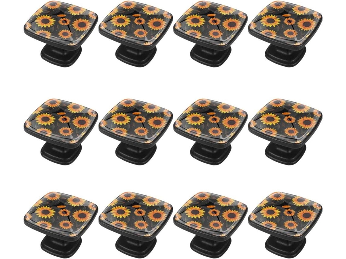 Puxadores Quadrados Para Gavetas De Cômoda, Puxadores Para Armários De Cozinha, 12 Peças, Girassóis Em Fundo Preto