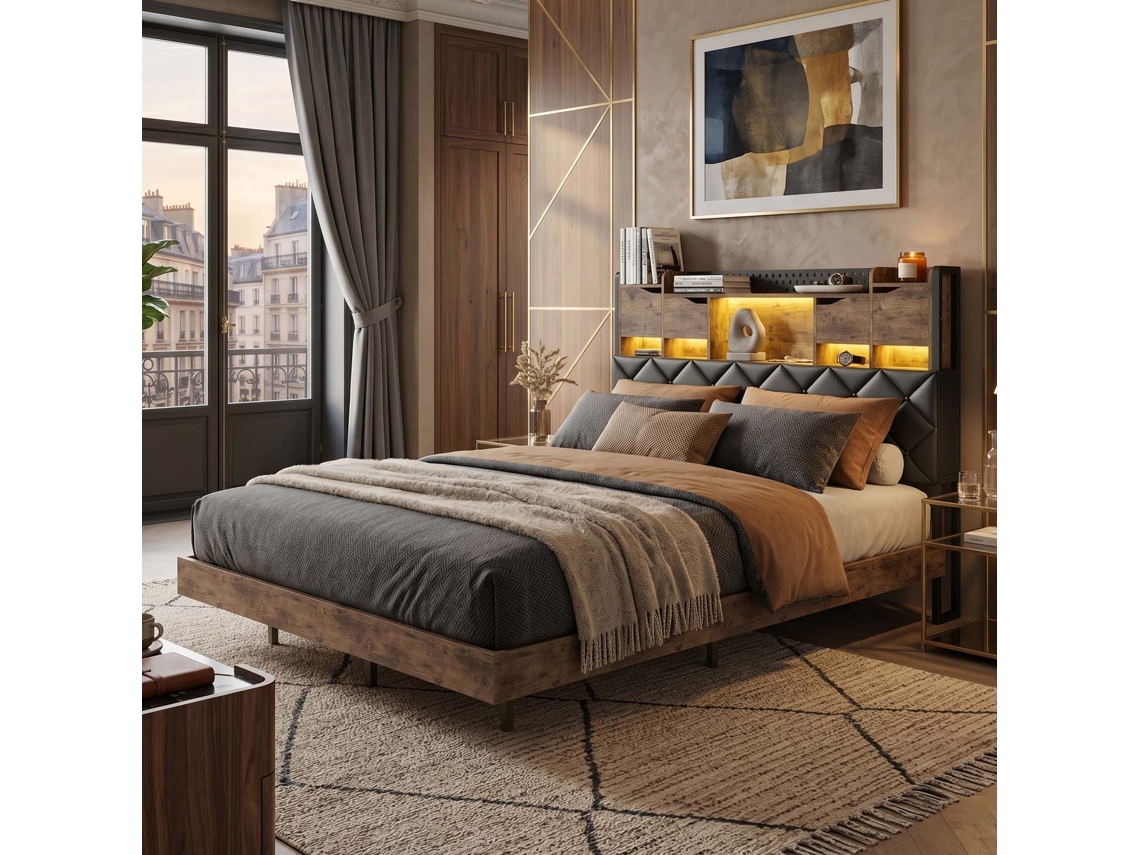 Lazyspace - Cama De Casal Flutuante Em Madeira Com Led Inteligente E Arrumação, Usb, 140x200 Cm
