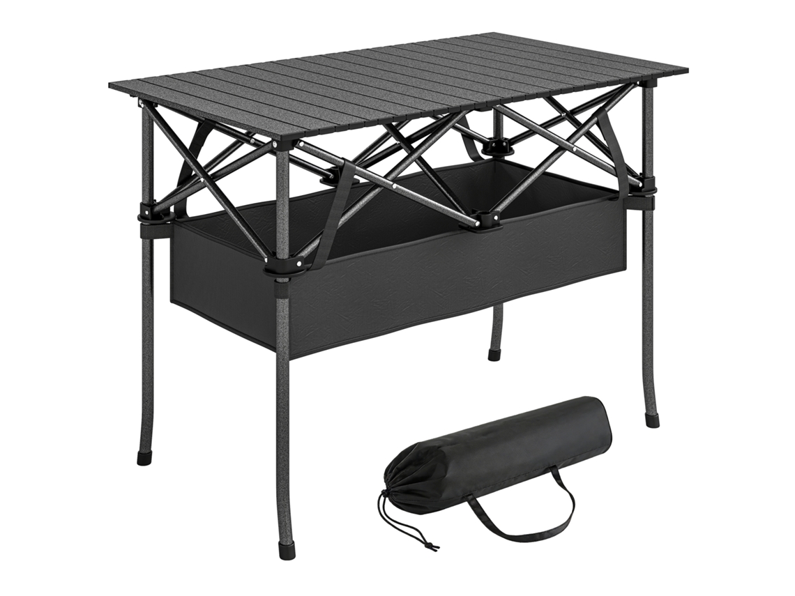 Mesa De Camping Dobrável Com Estrutura De Metal, Rede De Armazenamento E Bolsa, 93x55x68 Cm, Preta
