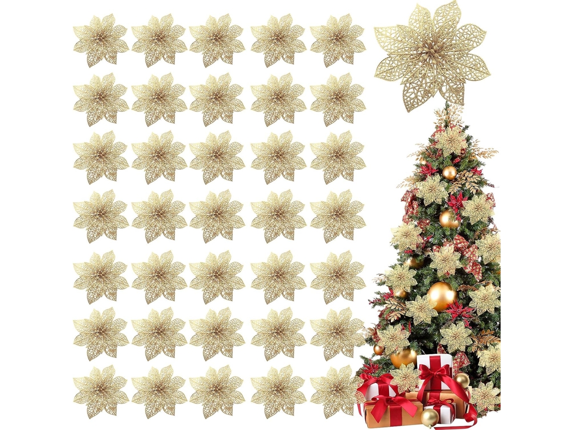 Pacote com 36 Decorações de Flores de Natal Enfeites de Árvore de Natal com Poinsétia Brilhante Palhetas de Flores de Seda Artificial de 4 Pol.
