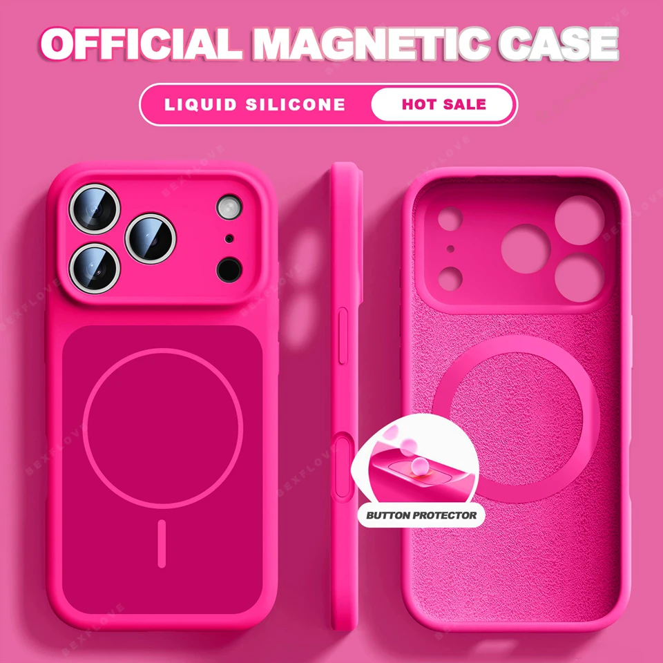 Capa De Celular Magsafe Em Silicone Líquido (vermelho Rosado), Compatível Com Iphone, Capa Macia À Prova De Choque.