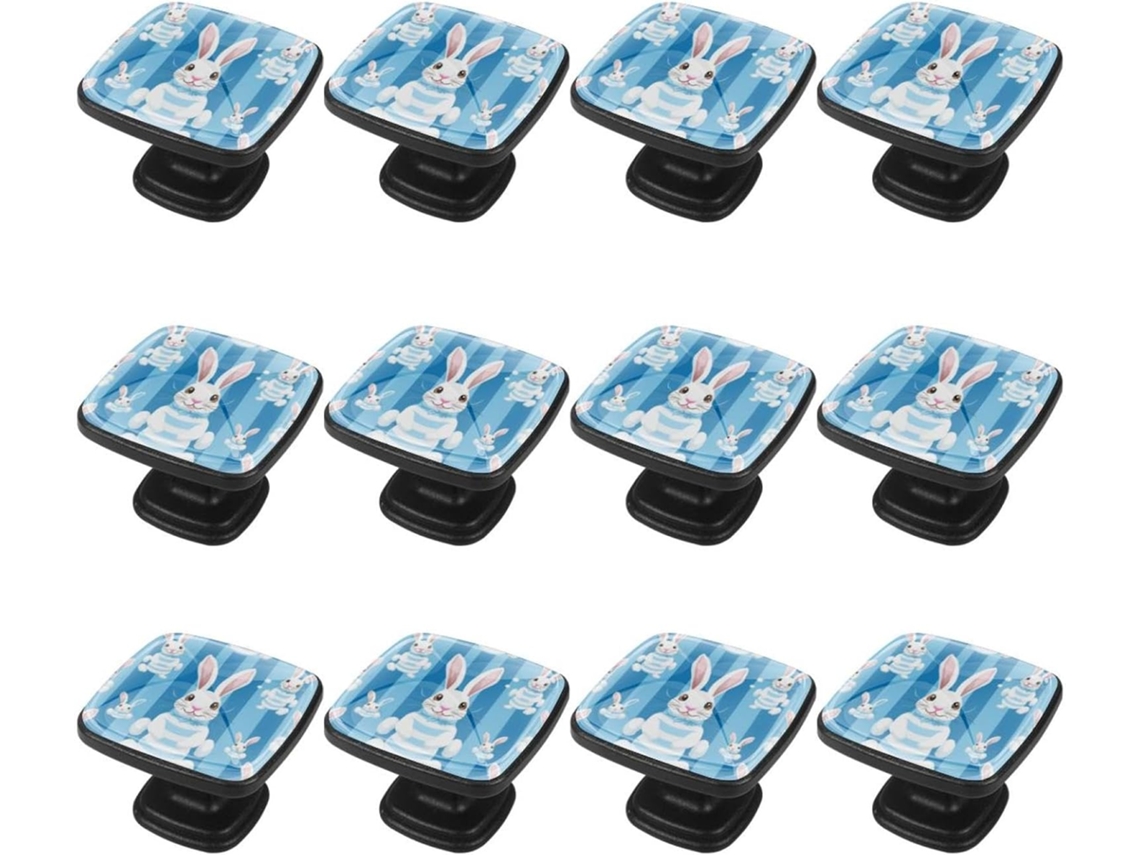 Puxadores E Botões Quadrados Para Gavetas Armários, Conjunto De 12 Peças, Com Coelhinhos Em Listras Azuis, Ideais Para
