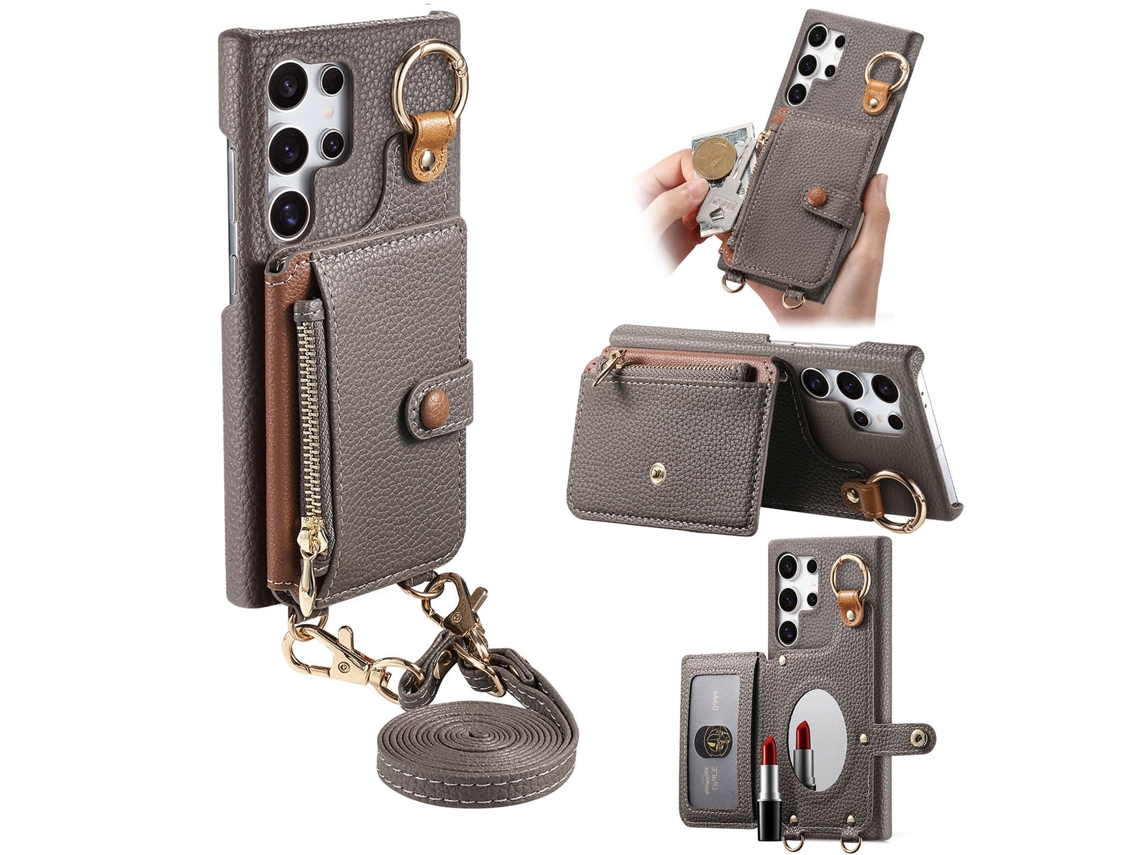 Capa Para Samsung Galaxy S26 Plus, Em Couro Pu,espelho Embutido E Porta-cartões. Cinza Czhhmart