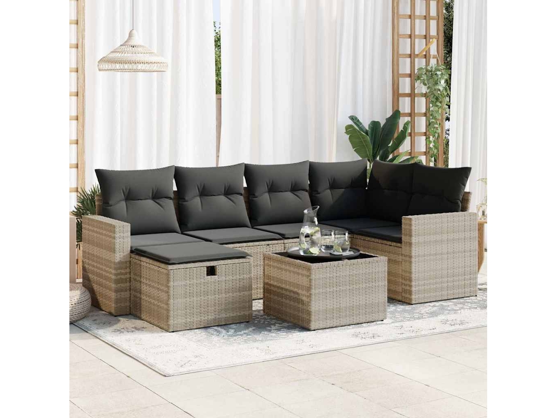 Vidaxl 7 Pcs Conj. Sofás Jardim Com Almofadões Vime Pe Cinzento-claro