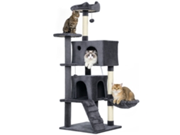 Árvore para Gatos com 140 Cm de Altura com 2 Casas. Berço e Rede para 2 3 Gatos. Capa de Pelúcia. Cinza Ge