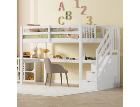 Cama Com Gavetas Alta Multifuncional Escrivaninha Pangshiyaun Madeira De Pinho Ferro Branco (147.5x253x95cm)