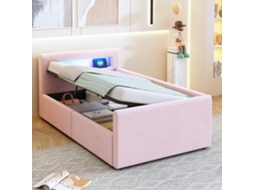 Cama Rosa 90x200cm Estofada, Led, Luz Noturna, Usb, Prateleira, Armazenamento Hidráulico, Veludo.-op