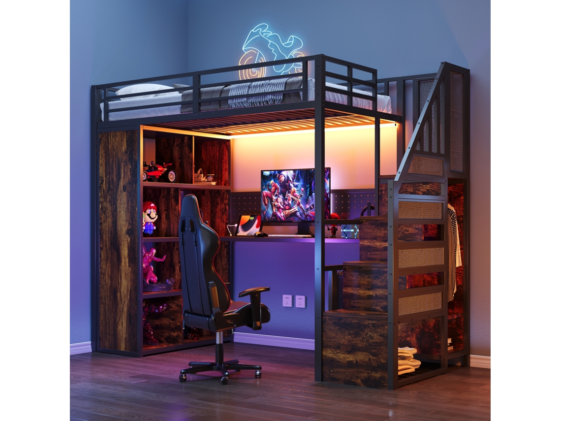Cama Metal Preta 90x200 Com Escrivaninha Led E Tomada Elétrica