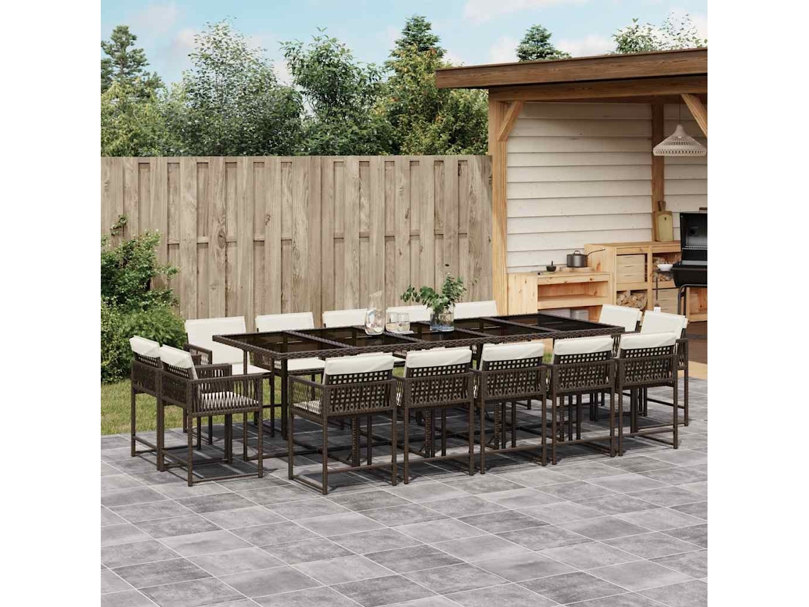 Vidaxl 15 Pcs Conjunto Jantar P/ Jardim C/ Almofadões Vime Pe Castanho