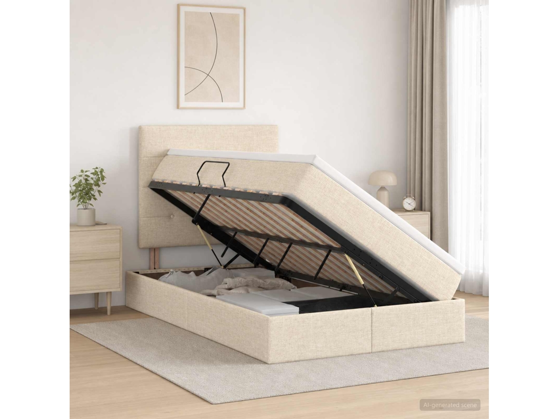 Vidaxl Cama Com Arrumação E Colchão Creme 120 X 190 Cm Tecido