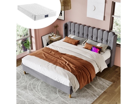 Cama Com Usb Tipo C, Cama Estofada Em Cinza, 160 X 200 Cm Estrutura De Cama Quarto De Hóspedes - Roupa De Cama (com Colchão)