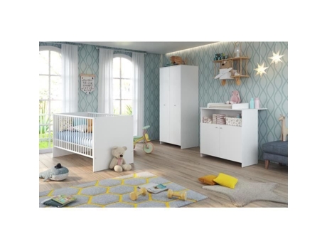 Quarto de bebê, cama tripla 70 x 140 cm, cômoda com trocador, guarda-roupa Niko branco, Trend Team