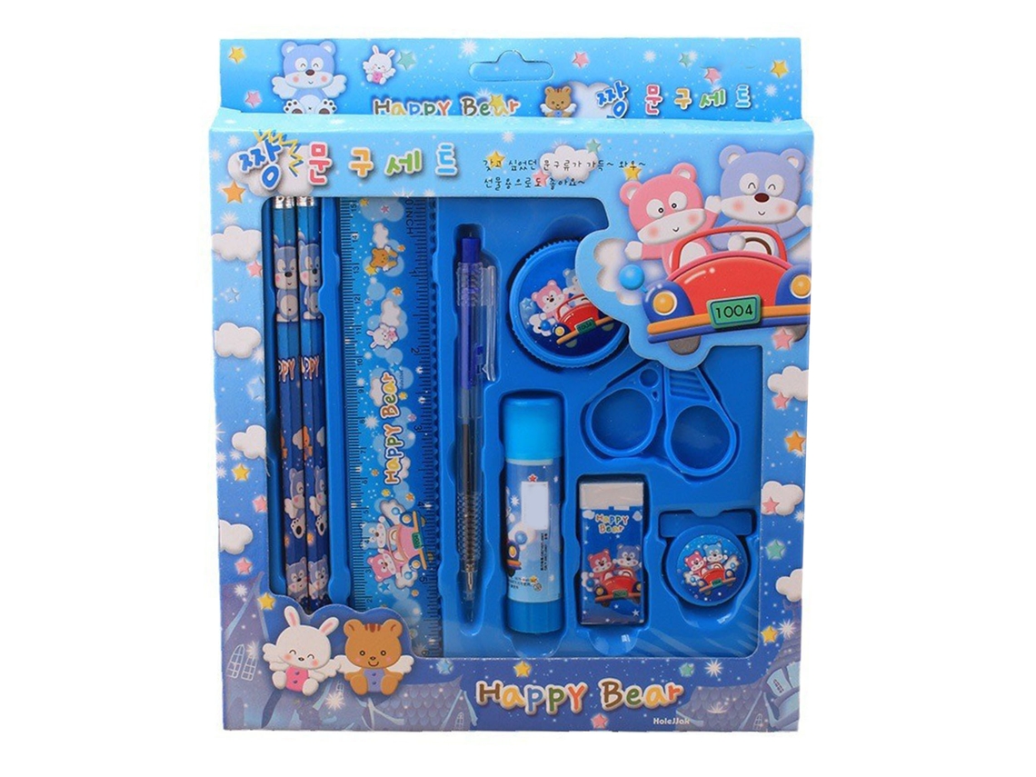 Conjunto De Utensílios Escolares Infantis Desenho Animado Azul Com Lápis, Caneta, Borracha, Tesoura E Clips Para Casa E Viagem