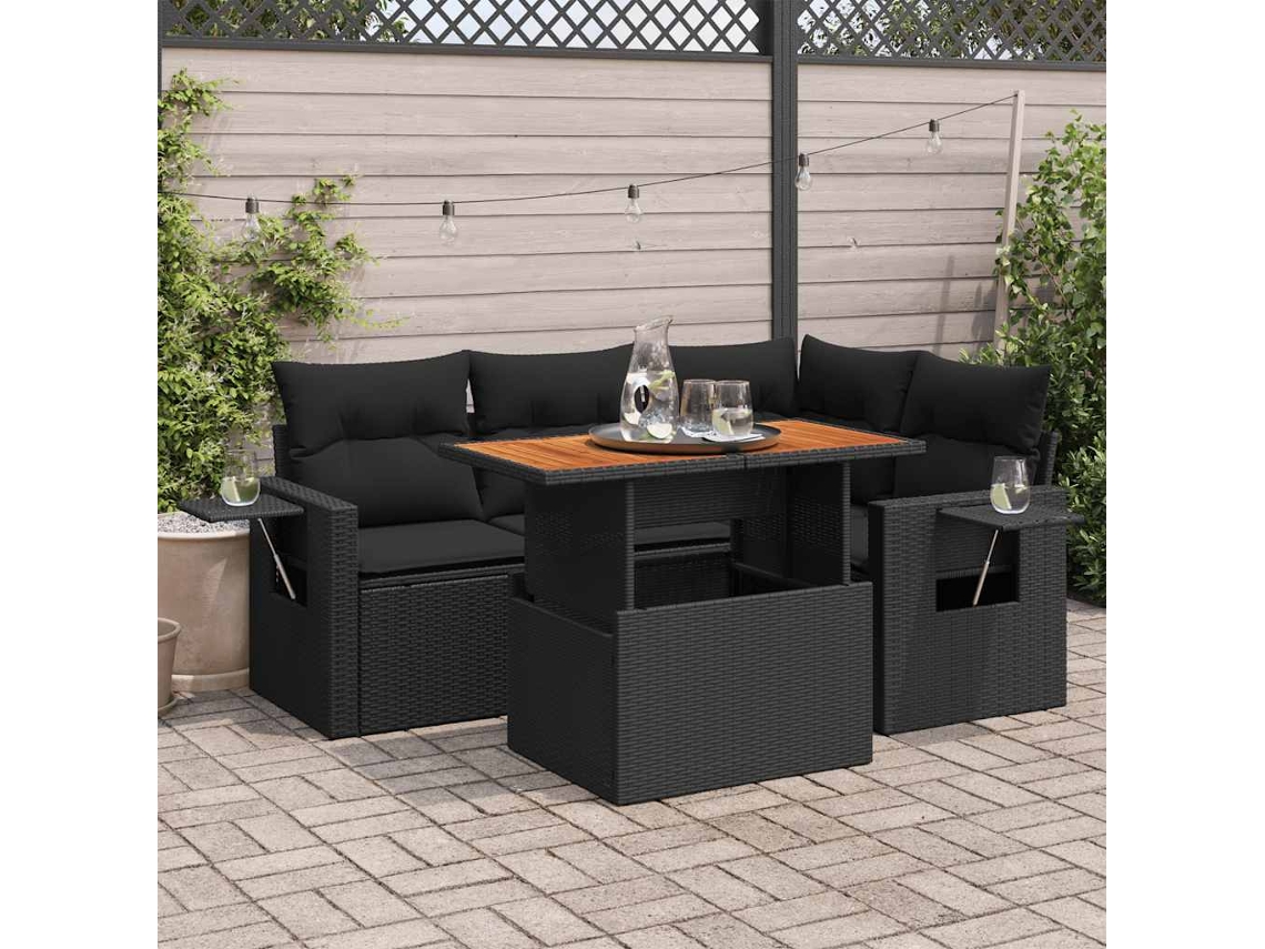 Vidaxl 5 Pcs Conjunto Sofás De Jardim Com Almofadões Vime Pe Preto