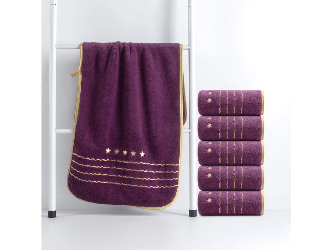 Toalha de Lã Coral Macia e Absorvente com Bordado de Estrela Dourada 6 Peças,roxo,35x75cm GERTIZ