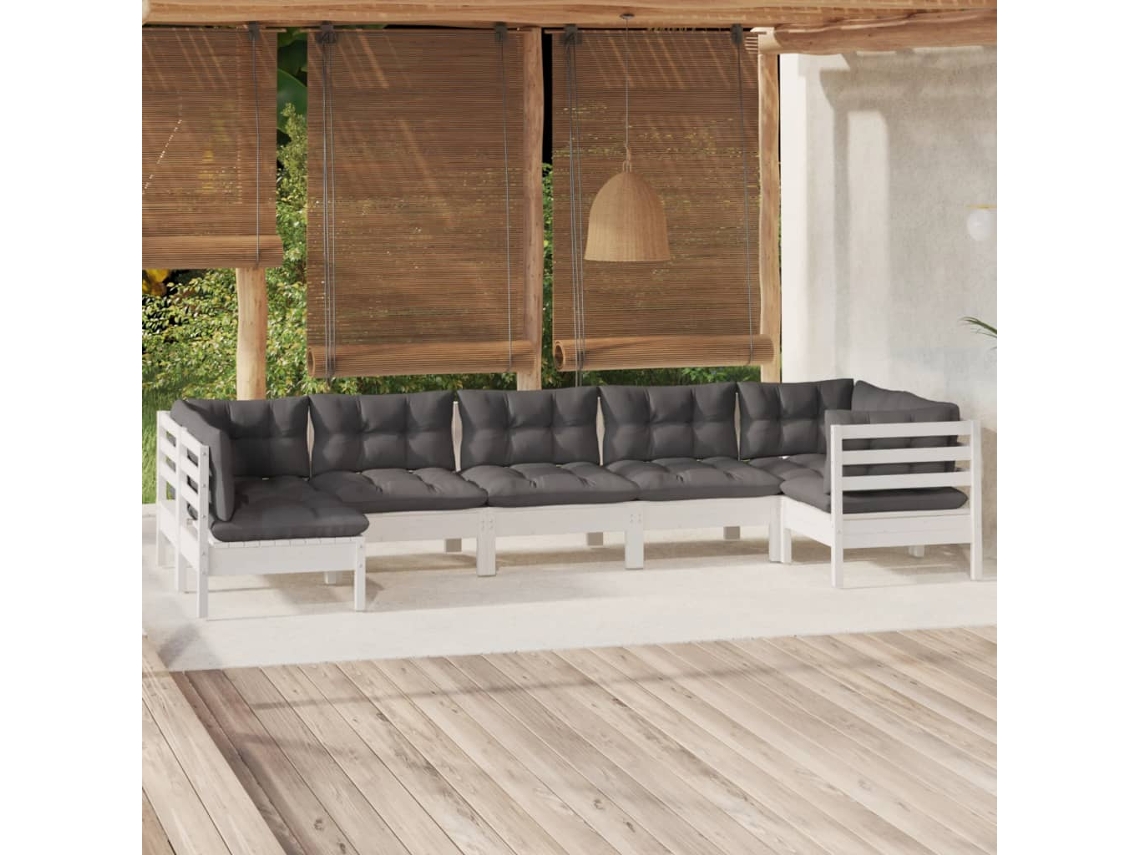 Vidaxl 7 Pcs Conjunto Lounge De Jardim C/ Almofadões Pinho Branco