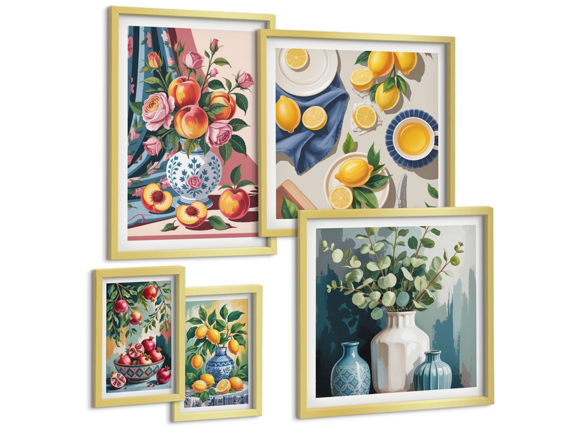 Conjunto De Pinturas Conjunto De Fundo Claro Com Flores E Grama Moldura Dourada Fotos Para O Escritório Espelharte (conjunto De 5 Imagens)