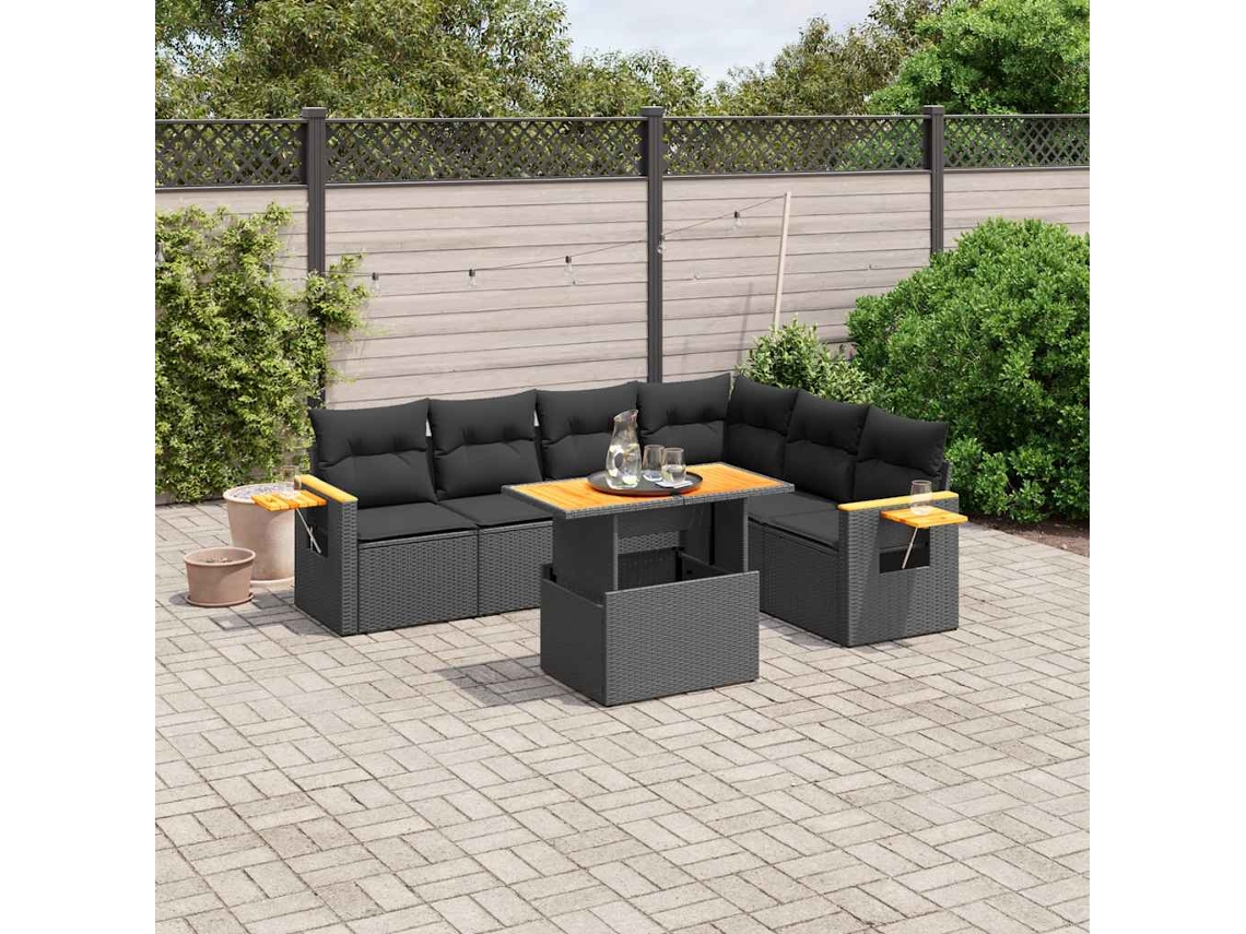 Vidaxl 7 Pcs Conjunto De Sofás P/ Jardim C/ Almofadões Vime Pe Preto