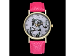 Relógio unissex vintage moderno com estampa de cachorro fumando e pulseira de couro rosa.