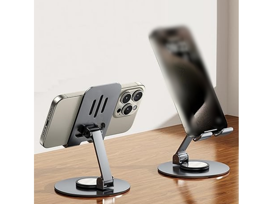 Suporte Para Celular Cinza, Ajustável Em 720°, Para Mesa, Dobrável E Fácil De Transportar, Com Base Em Disco.