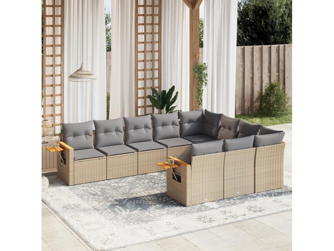 Vidaxl 10 Pcs Conjunto De Sofás P/ Jardim Com Almofadões Vime Pe Bege