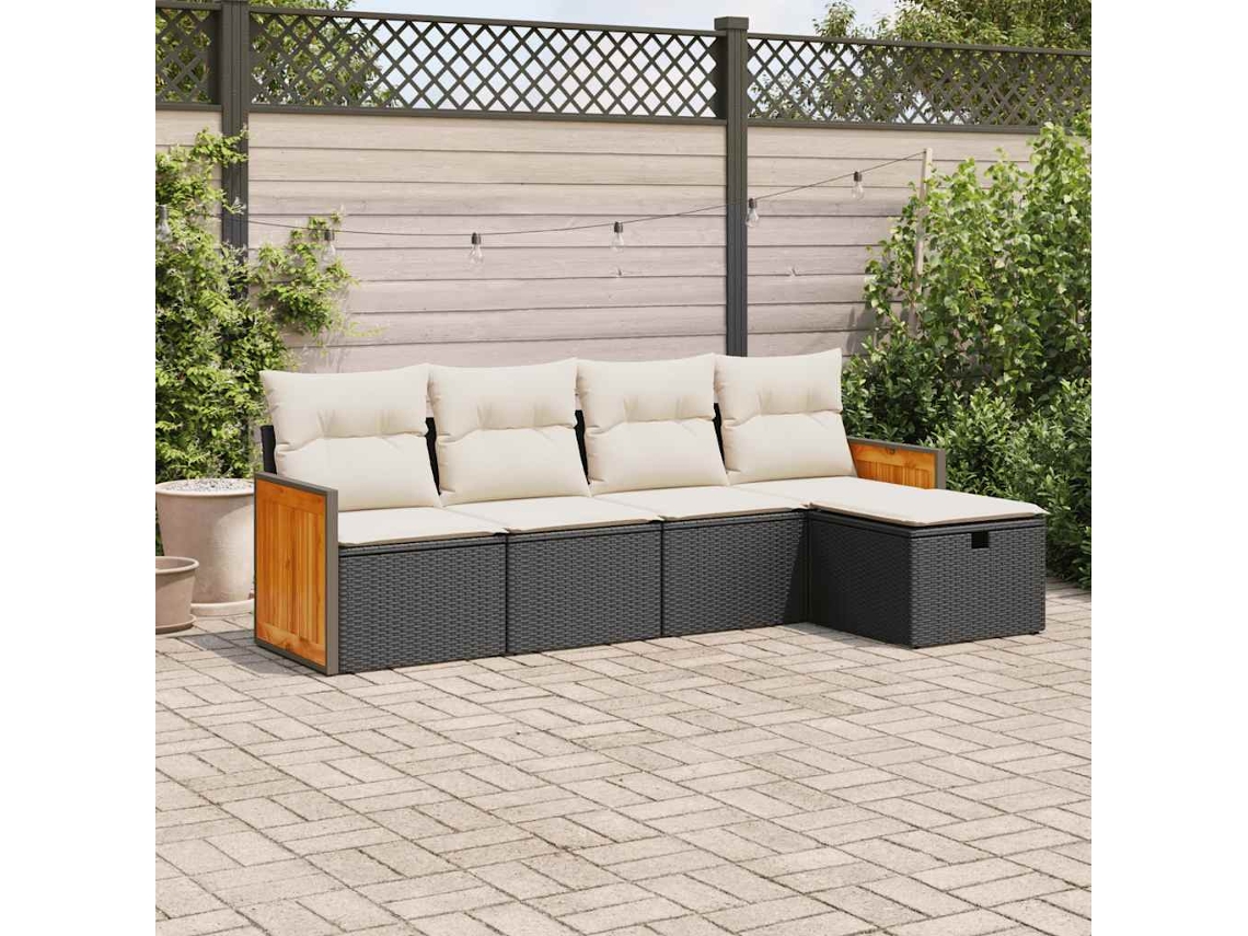 Vidaxl 5 Pcs Conjunto Sofás De Jardim Com Almofadões Vime Pe Preto