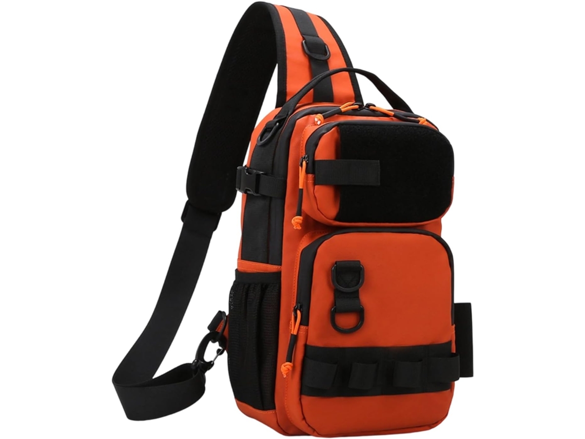 Bolsa de armazenamento compacta para transporte de ferramentas, feita de poliéster. Inclui organizadores principais, argolas e compartimentos internos.