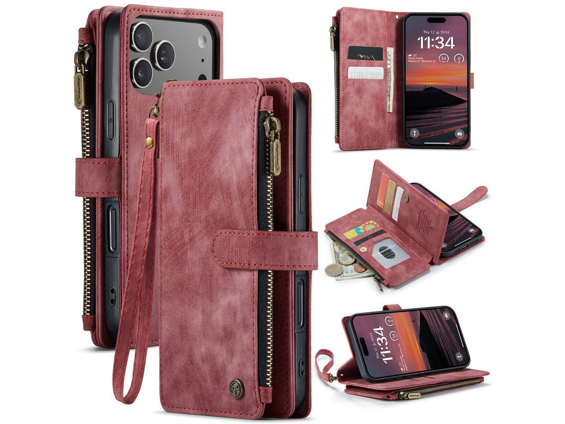 Capa Flip Para Celular Em Couro Com Compartimento Para Cartãovermelho - Iphone 16 E