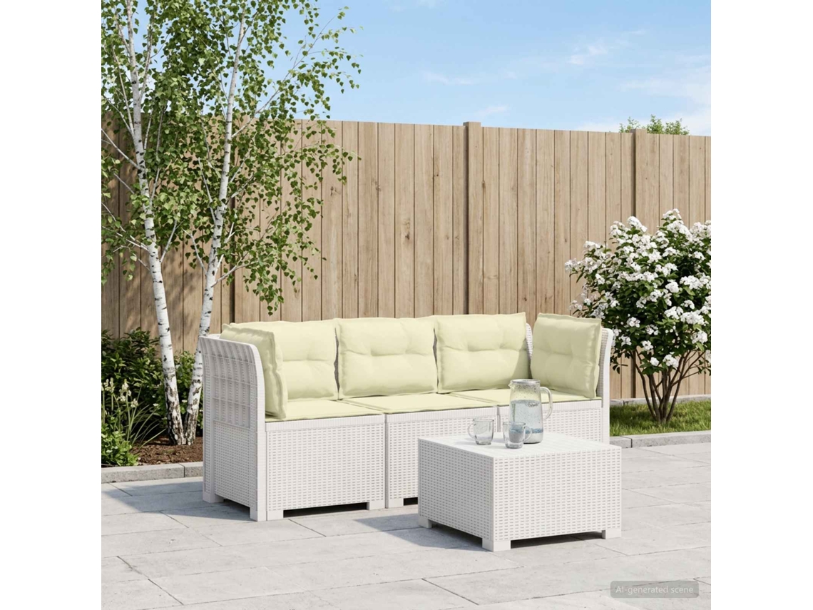 Vidaxl Sofá De Jardim 3 Lugares Com Almofadas Visual Rattan Pp Branco
