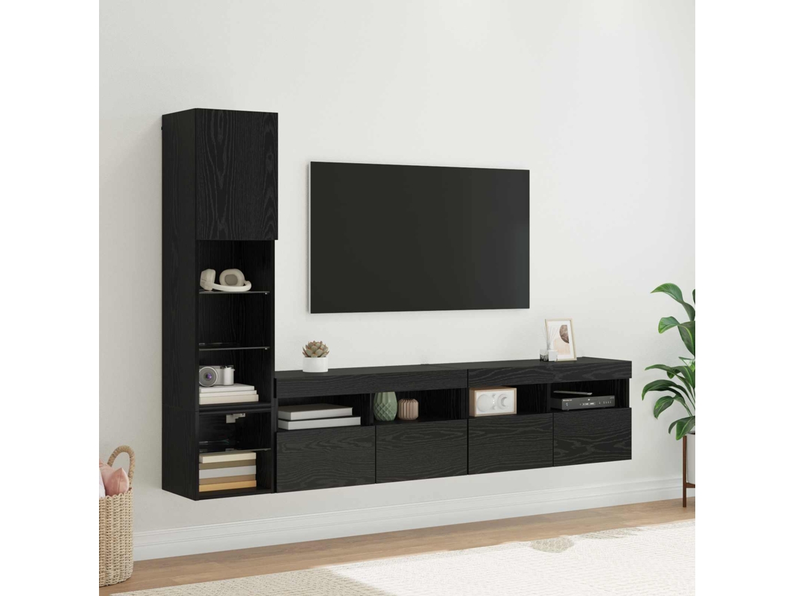 Vidaxl Unidade De Tv De Parede 4 Pcs Carvalho Preto Madeira Processada