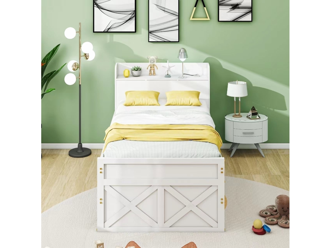 Cama de Pinho Maciço 90x190cm com Gavetas, extensível, com porta USB, branca, KOMHTOM
