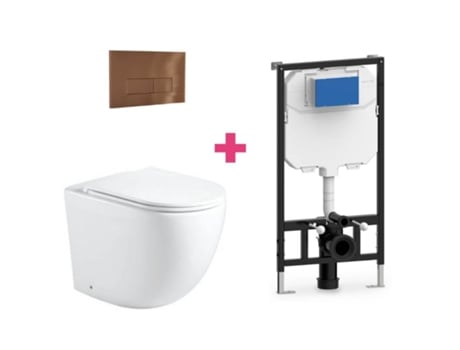 Conjunto de vaso sanitário suspenso de cerâmica Genova com cisterna e botão de descarga retangular de cobre Aquore