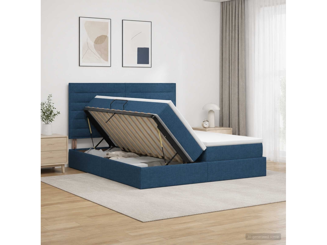 Vidaxl Cama Com Armazenamento Com Cabeceira Azul 180 X 200 Cm Tecido