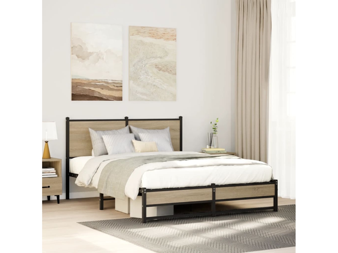 Vidaxl Estrutura De Cama Sem Colchão 137x190 Cm Metal Carvalho Sonoma