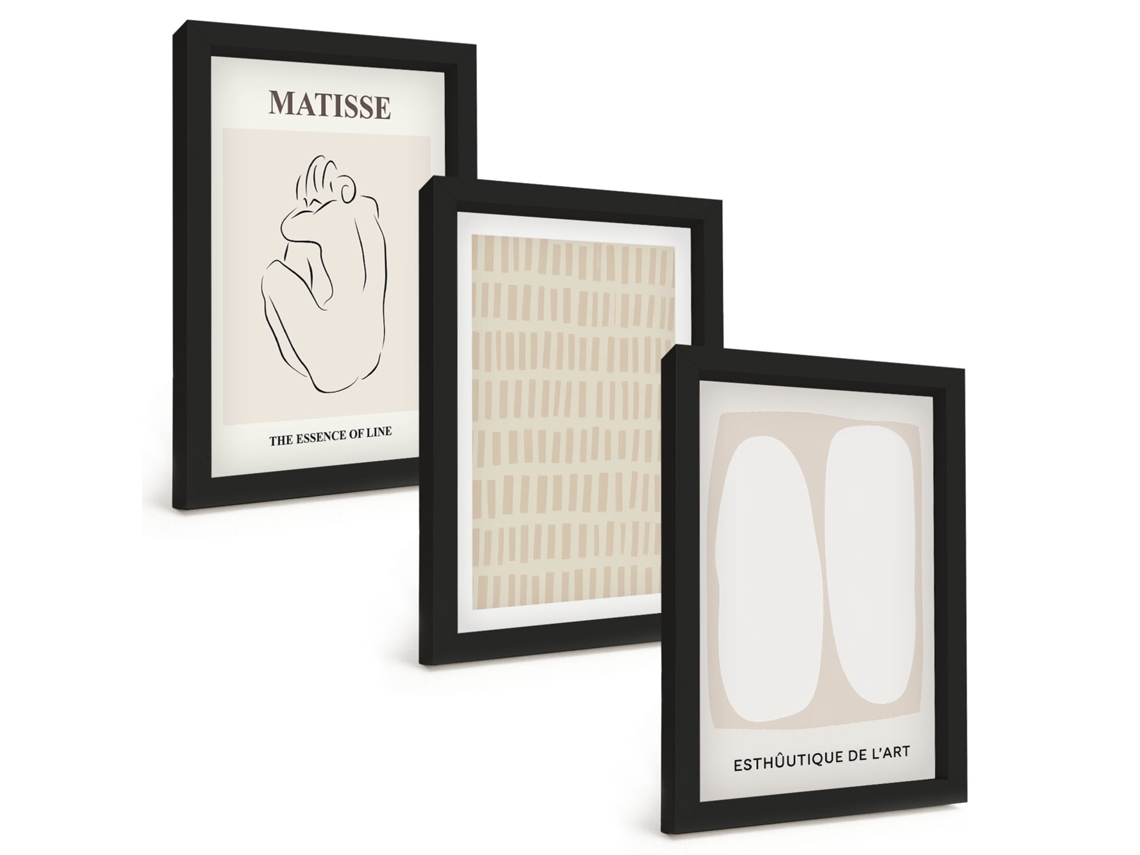 Um Conjunto De Imagens Decorativas Em Uma Molduraformas De Linhas Bege E Brancas Moldura Preta Pinturas De Quarto Espelharte (3 Peças 20x30 Cm)