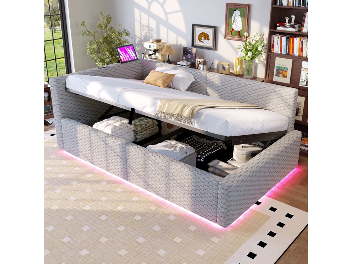 Cama Estofada 90x200 Led Usb c Hidráulica em Veludo Cinza