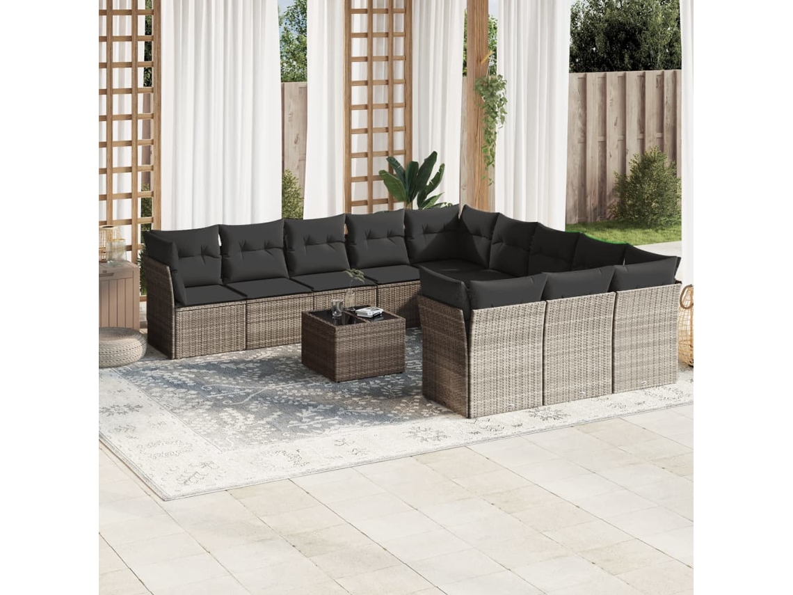 Vidaxl 12 Pcs Conj. Sofás Jardim Com Almofadões Vime Pe Cinzento-claro