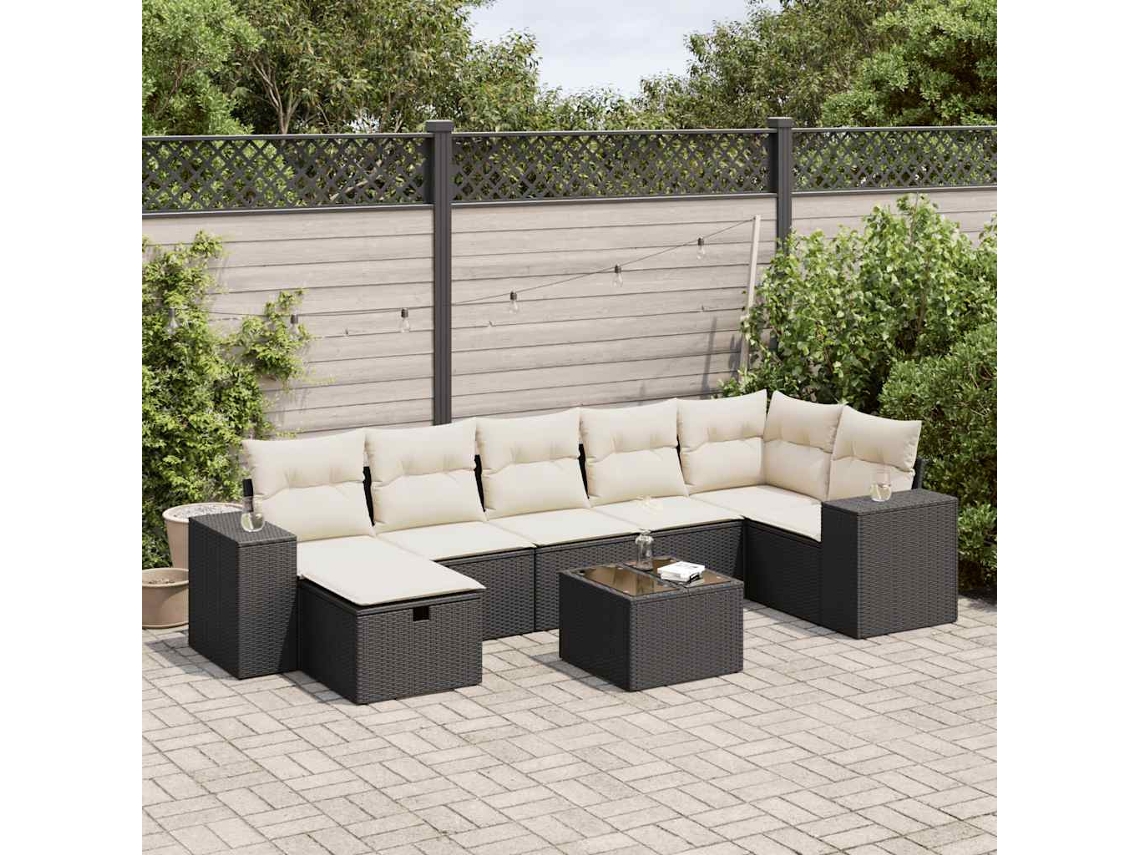 Vidaxl 8 Pcs Conjunto Sofás De Jardim Com Almofadões Vime Pe Preto