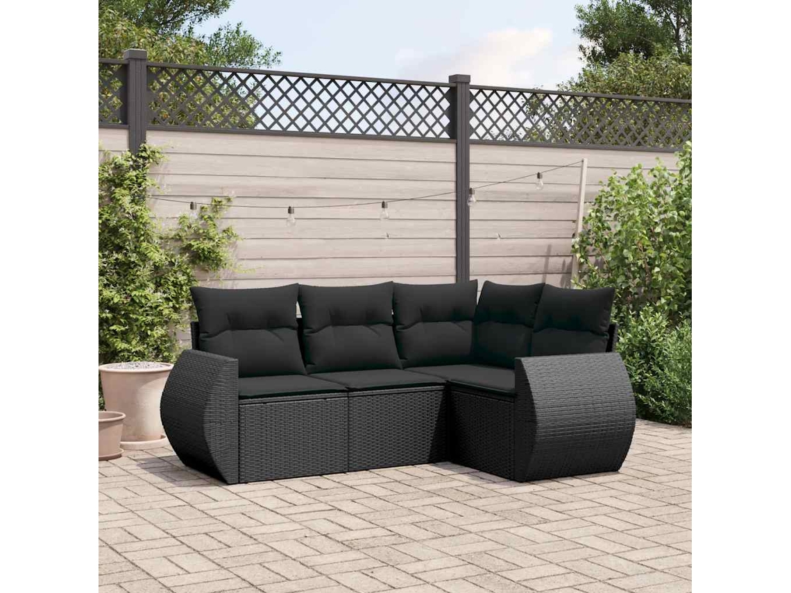 Jogo de Sofá 4 Peças Jardim C/ Almofadões Vime Pe Preto Dkd Home Decor