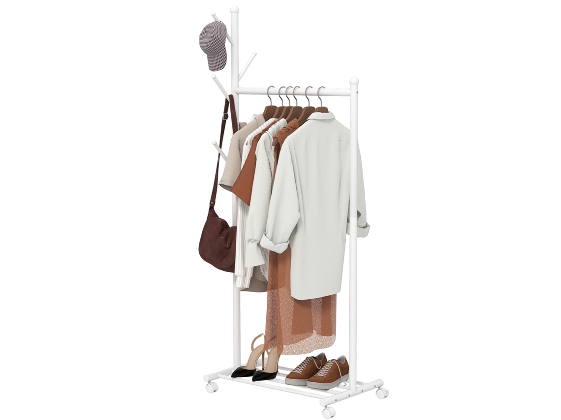 Charriot Com Rodas 5 Ganchos Barra Para Pendurar E Prateleira Inferior 68x43x171 Cm Branco