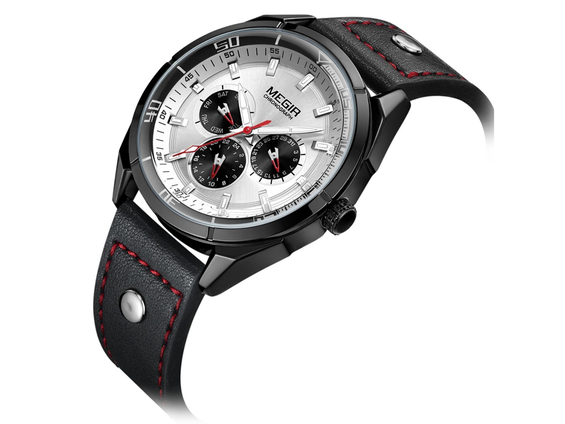 Relógio masculino casual analógico de quartzo Megir com pulseira de couro.