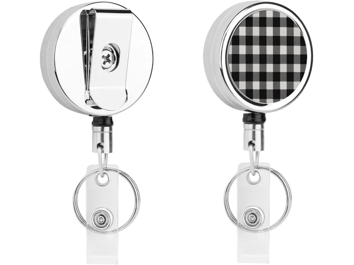 Porta Crachá Retrátil Xadrez Preto E Branco, Moderno E Durável, Em Metal, Com Cordão De Nylon De 68cm, Ideal Para