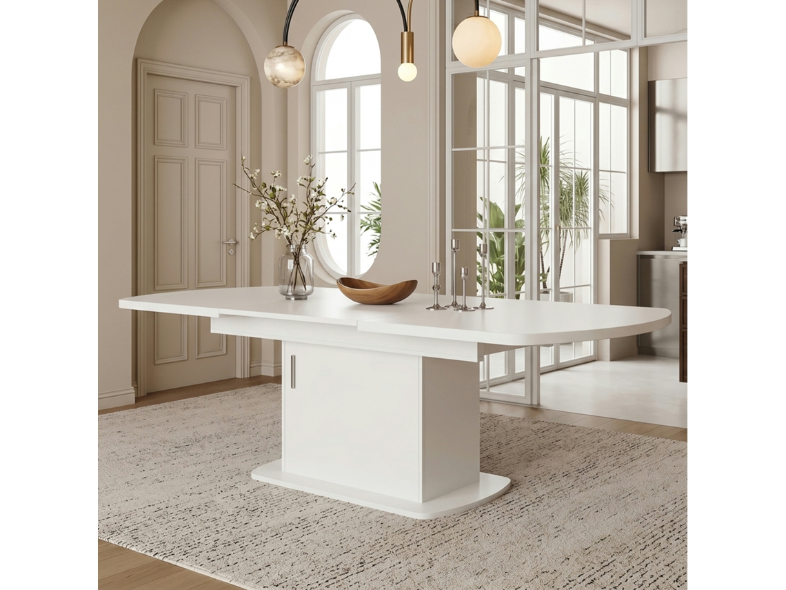 Mesa Oval Extensível 140/200×80×75cm Com Arrumação E Puxadores Branco E Prateado Prática Economiza Espaço
