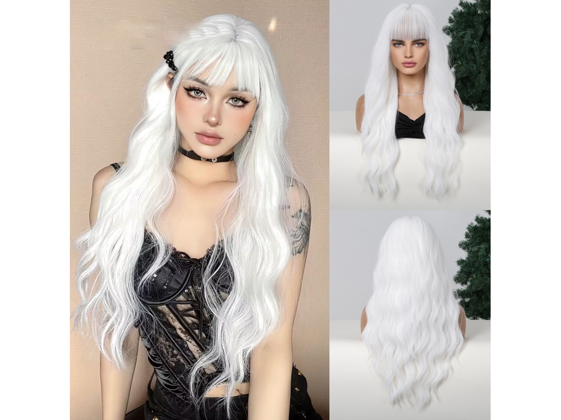 2026 peluca de Cosplay Blanca Larga Rizada de 27 Pulgadas Con Flequillo para Mujer